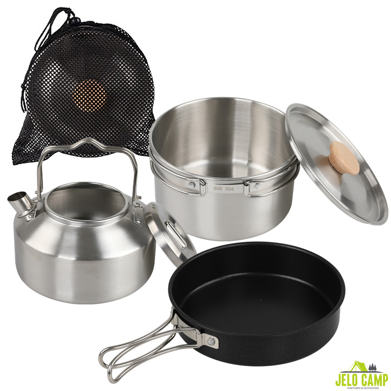 Camping Cooking Set With Kettle - High-Grade 304 Stainless Steel Camping Cookware