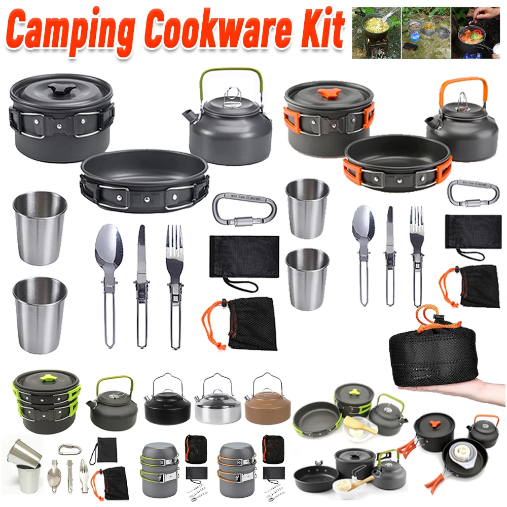 Camping Cooking Set With Kettle - Camping Cookware Kit Kettle Pot Pan